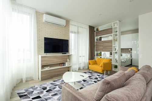 DECOMALL Coronado 8x10ft Area Rugs, Modern Geometric Faux Cowhide Patchwork Rug, Machine Washable Non Slip Carpet for Living Room Bedroom Dinning Room,8x10ft Multi in Light Modern Living Room with TV