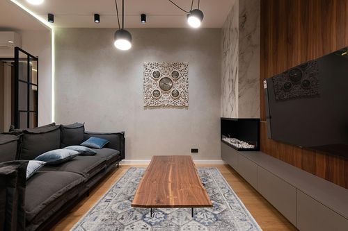 Bloom Rugs Troya Gray/Blue 6x9 Rug - Traditional Persian Area Rug for Living Room, Bedroom, Dining Room, and Kitchen - Exact Size: 6' x 9' in Dark Wood Living Room with Black Couch