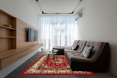 Antep Rugs Kashan King Collection HIMALAYAS Oriental Area Rug Maroon and Beige - Maroon and Beige - 8' x 10' in Grey Living Room with Brown Couch