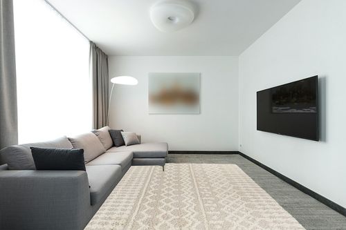 ‎Beige ‎Hapsburg ‎Stain Resistant ‎Living Room ‎Area Rug in Modern Living Room with Grey Couch