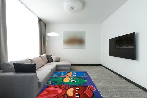 Gertmenian Disney PJ Masks Rug Boys Girls Childrens Bedroom Decor Kids Home Play Room Mat Bedding Area Carpet, 54x78 Large, Navy Blue, 47256 in Modern Living Room with Grey Couch