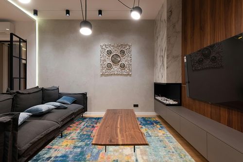 Nourison Celestial Blue/Yellow 9' x 12' Area Rug, Contemporary, Abstract, Easy Cleaning, Non Shedding, Bed Room, Living Room, Dining Room, Kitchen (9x12) in Dark Wood Living Room with Black Couch