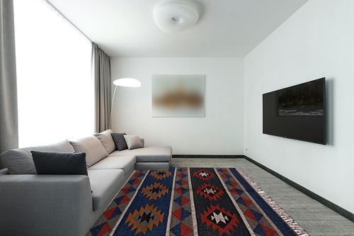 Jute Handwoven Kilim Rug, Bhhemian Jute Rug, Moroccan Rug, Handmade Bohemian Traditional Oriental Rug, Turkish Rug, Jute Rug (3x5 feet) in Modern Living Room with Grey Couch