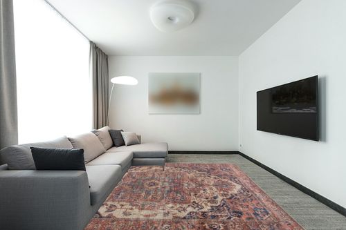 Bloom Rugs Washable 8' x 10' Rug - Beige/Terracotta Traditional Area Rug for Living Room, Bedroom, Dining Room, and Kitchen - Exact Size: 8' x 10' in Modern Living Room with Grey Couch