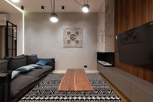 HOMEGNOME Indoor Outdoor Distressed Bohemian Area Rug (8'x10', Black) in Dark Wood Living Room with Black Couch