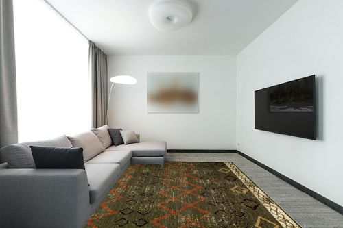 Antep Rugs Alfombras Non-Skid (Non-Slip) 8x10 Rubber Back Bohemian Distressed Moroccan Boho Low Pile Profile Indoor Area Rug (Green, 7'10" x 10') in Modern Living Room with Grey Couch