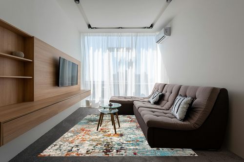 ‎Grey/Blue ‎Retro  ‎Living Room ‎Area Rug in Grey Living Room with Brown Couch