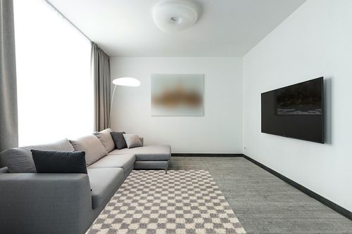 Balta Rugs Oslo Checkered Shag Rug, Gray, 5' 3" x 7' in Modern Living Room with Grey Couch