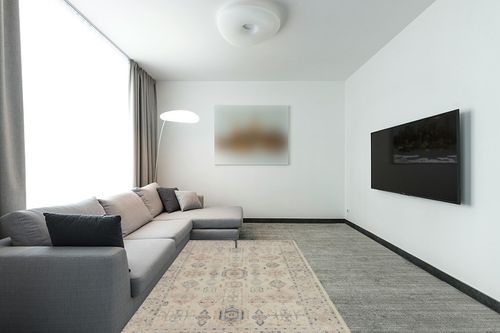 ‎Java / Multi ‎Traditional ‎Stitched Edge, Cotton Canvas Backing ‎Area Rug in Modern Living Room with Grey Couch