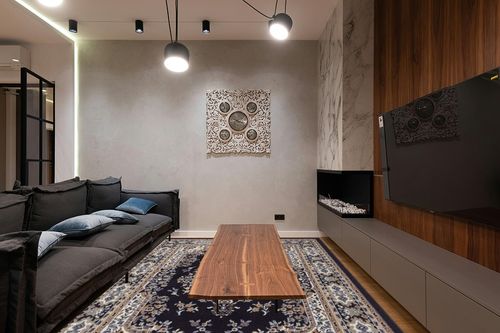 Home Dynamix Premium Sakarya Traditional Medallion Border Area Rug, Navy Blue, 7'8"x10'7" Rectangle in Dark Wood Living Room with Black Couch