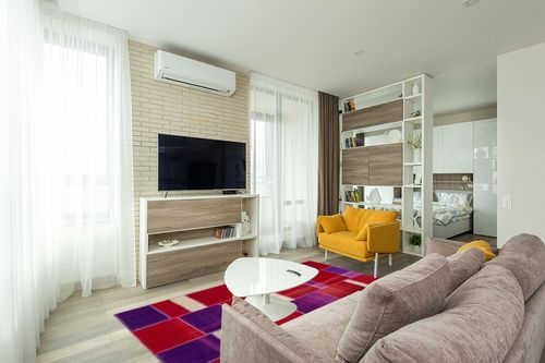 BESPOKY 5'3" x 7'7" (160x230 Cm) Teselya Pink Patchwork Wool Handmade Area Rug in Light Modern Living Room with TV