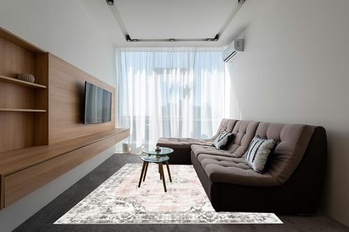 BRICHOEE Large Vintage Washable Rug 8x10 Light Pink Low-Pile Indoor Floral Print Carpet Non Slip Printed Persian Boho Area Rug for Living Room in Grey Living Room with Brown Couch