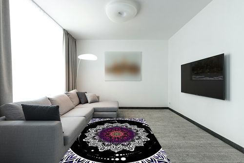 Boho Mandala Area Rug, 5x7ft, Anti-Slip Carpet with Mandala Design Covering The Whole Screen Indoor Outdoor Bohemian Collection Rugs for Bedroom Living Room Office, Multicolor White Black Purple in Modern Living Room with Grey Couch