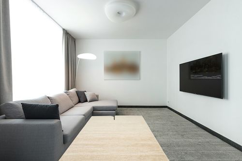SAFAVIEH Adirondack Collection Area Rug - 5'1" x 7'6", Champagne & Cream, Modern Ombre Design, Non-Shedding & Easy Care, Ideal for High Traffic Areas in Living Room, Bedroom (ADR113W) in Modern Living Room with Grey Couch
