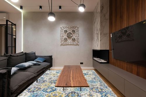 JONATHAN Y MDP205A-8 Modern Persian Boho Vintage Trellis Rug Bohemian Bedroom LivingRoom Kitchen,8 X 10,Blue/Multi in Dark Wood Living Room with Black Couch