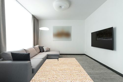 SAFAVIEH Marbella Collection Area Rug - 6' x 9', Yellow & Ivory, Handmade Wool, Ideal for High Traffic Areas in Living Room, Bedroom (MRB904D) in Modern Living Room with Grey Couch