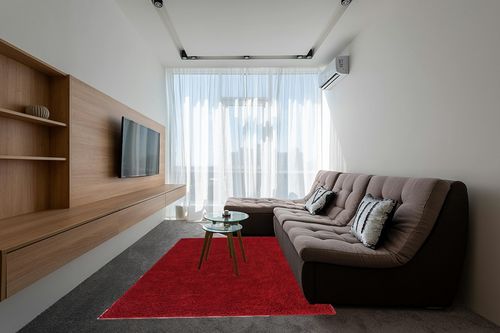 Red Shag Rug 6'x9' in Grey Living Room with Brown Couch