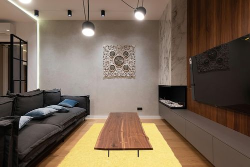 Yellow 21x34" Shagadelic Chenille Twist Rug- Shag in Dark Wood Living Room with Black Couch