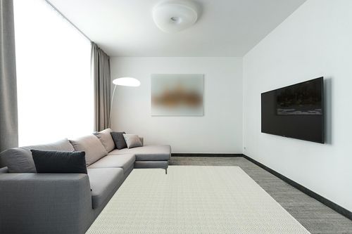 Safavieh Hampton Collection Area Rug - 8' x 10', Green, Non-Shedding & Easy Care, Indoor/Outdoor & Washable-Ideal for Patio, Backyard, Mudroom (HTN230Y) in Modern Living Room with Grey Couch