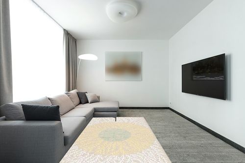 SAFAVIEH Soho Collection Area Rug - 5' x 8', Beige & Yellow, Handmade Wool & Viscose, Ideal for High Traffic Areas in Living Room, Bedroom, Dining (SOH257D-5) in Modern Living Room with Grey Couch