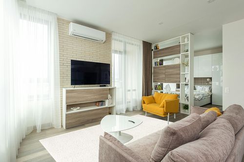 Ivory Contemporary   Area Rug in Light Modern Living Room with TV