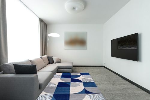 Well Woven Good Vibes Margot Blue Modern Geometric Boxes & Lines 5'3" x 7'3" 3D Texture Area Rug in Modern Living Room with Grey Couch