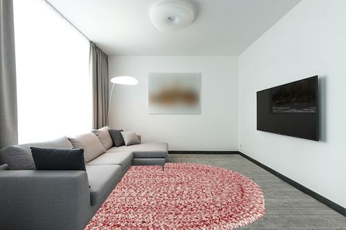Super Area Rugs Farmhouse Braided Rug Cotton Kitchen Reversible Carpet, Red & White, 8' x 10' Oval in Modern Living Room with Grey Couch