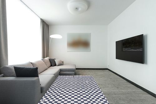 Hauteloom Kieu Checkered Shag Bedroom Living Room Area Rug - High Pile - Shaggy Plush Modern Soft Carpet - Blue, White - 5'3" x 7' in Modern Living Room with Grey Couch