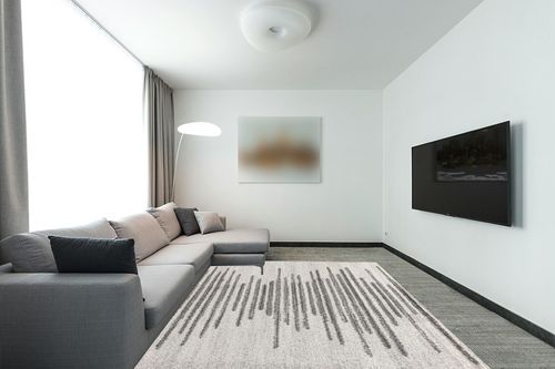 Eyely HOM205A-8 Moroccan Hype Aya Berber Stripe Geometric Indoor Area Rug Modern;Transitional;Bohemian;Rustic, Bedroom, Kitchen, Living Room, Easy-Cleaning, Non-Shedding, 8 X 10, Cream/Gray in Modern Living Room with Grey Couch