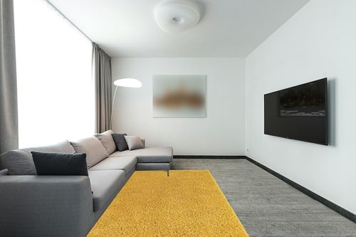 Yellow, 5x8 Feet fluffy rug in Modern Living Room with Grey Couch