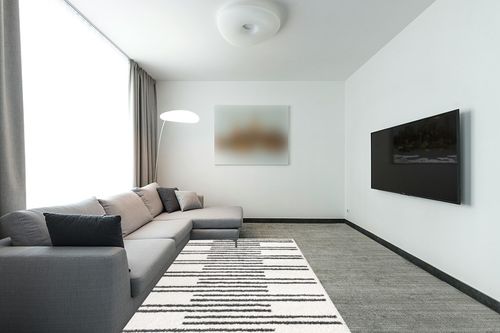 Eyely HOM406A-5 Moroccan Hype Petra Stripe Geometric Shag Indoor Area Rug Bohemian;Transitional;Modern, Bedroom, Kitchen, Living Room, Easy-Cleaning, Non-Shedding, 5 X 8, White/Gray in Modern Living Room with Grey Couch