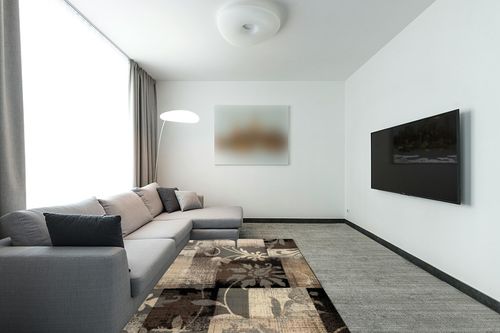 SUPERIOR Indoor Area Rug, Jute Backed, Perfect for Hallway, Entryway, Office, Living/Dining Room, Bedroom, Kitchen, Floor, Modern Floral Patchwork Decor, Pastiche Collection - 5ft x 8ft , Beige in Modern Living Room with Grey Couch