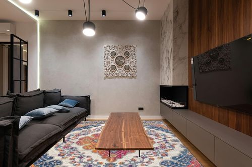 JONATHAN Y BMF106A-8 Bohemian Flair Boho Vintage Medallion Blue/Multi 8 ft. x 10 ft. Area-Rug, Vintage, Easy-Cleaning, for Bedroom, Kitchen, Living Room, Non Shedding in Dark Wood Living Room with Black Couch