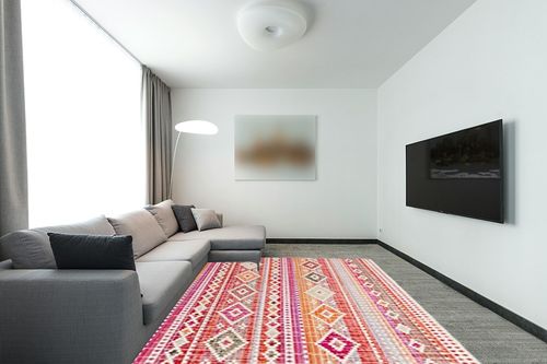 SAFAVIEH Montage Collection 8' x 10' Red / Fuchsia MTG271Q Boho Indoor/ Outdoor Non-Shedding Easy scrubbing Patio Backyard Porch Deck Mudroom Area-Rug in Modern Living Room with Grey Couch
