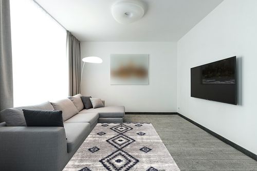 RUG BRANCH Soft Plush Retro Contemporary Moroccan Shag Grey Blue Indoor Area Rug for Living Room, Bedroom, Dining Room, and Kitchen - 5' x 7' (5'3" X 7'7") in Modern Living Room with Grey Couch