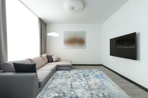 Miukiki 8x10 Area Rugs for Living Room,Anti-Slip Backing Washable Rug,Stain Resistant Modern Abstract Large Area Rug,Ultra-Thin Room Decor Rugs (Blue/Bean Green,8'x10') in Modern Living Room with Grey Couch