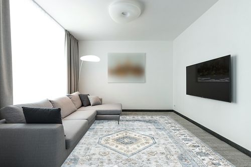 ROYHOME Large Living Room Area Rug 9x12 Indoor Stain Resistant Area Rug Vintage Area Rug Rug Low Pile Non Slip Area Rug for Living Room Bedroom, 9' x 12' Blue in Modern Living Room with Grey Couch