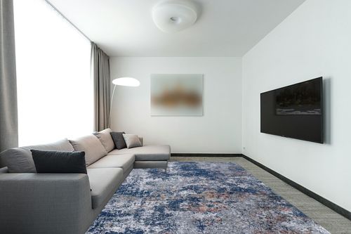 Area Rugs 9x12 Living Room: Large Machine Washable Area Rug with Non Slip Backing Non Shedding Abstract Stain Resistant Carpet for Bedroom Dining Room Nursery Home Office - Blue in Modern Living Room with Grey Couch