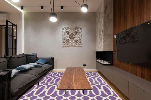 SAFAVIEH Newport Collection Area Rug - 7'9" x 9'9", Purple & White, Handmade Cotton, Ideal for High Traffic Areas in Living Room, Bedroom (NPT434B) in Dark Wood Living Room with Black Couch