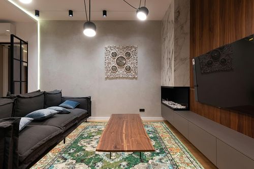 SAFAVIEH Monaco Collection Area Rug - 8' x 10', Forest Green & Light Blue, Boho Medallion Distressed Design, Non-Shedding & Easy Care, Ideal for High Traffic Areas in Living Room, Bedroom (MNC243F) in Dark Wood Living Room with Black Couch