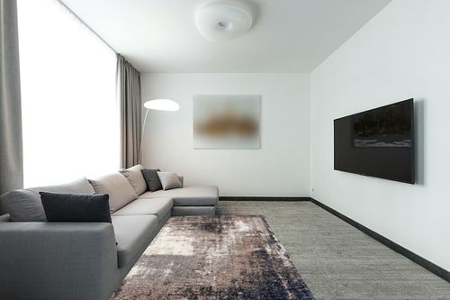 RUG BRANCH Soft Plush Retro Contemporary Abstract Shag Grey White Indoor Area Rug for Living Room, Bedroom, Dining Room, and Kitchen - 5' x 7' (5'3" X 7'7") in Modern Living Room with Grey Couch