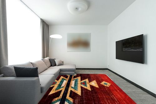LIVEBOX Washable Western Rug 8x10 - Christmas Aztec Living Room Rug Thin Red Rugs for Bedroom, Large Farmhouse Rug Carpet Southwest Rug for Dining Room Office, Red in Modern Living Room with Grey Couch