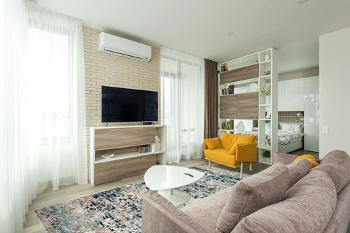 SAFAVIEH Madison Collection Area Rug - 8' x 10', Grey & Blue, Modern Abstract Design, Non-Shedding & Easy Care, Ideal for High Traffic Areas in Living Room, Bedroom (MAD460K) in Light Modern Living Room with TV