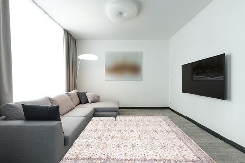 nuLOOM Gemma Machine Washable Transitional Floral Area Rug, 8x10, Beige in Modern Living Room with Grey Couch