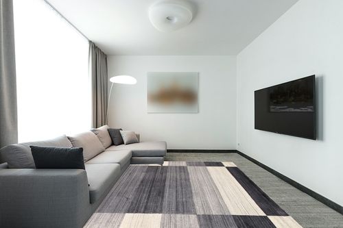 Pasargad Home Gramercy Collection Hand-Loomed Silk & Wool Ivory/Grey Area Rug- 7' 9" X 9' 9" in Modern Living Room with Grey Couch