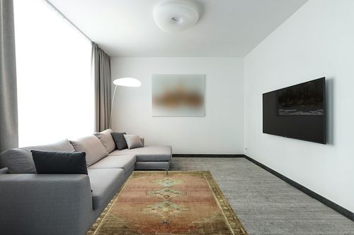Magnolia Home by Joanna Gaines x Loloi Sinclair SIN-06 Collection Machine Washable Clay / Tobacco 5'-0" x 7'-0" Area Rug in Modern Living Room with Grey Couch