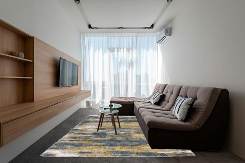 Shag Madison Blue/Gold Rug 17 Stories Rug Size: Rectangle 7'10" x 10' in Grey Living Room with Brown Couch