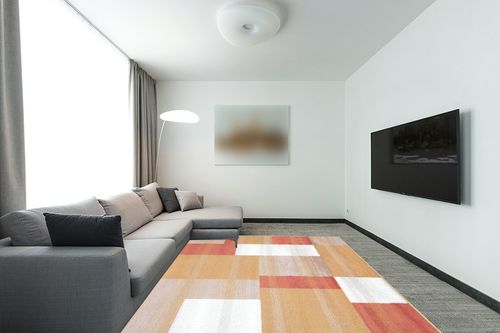 SUPERIOR Clifton Mid-Century Modern Geometric Polypropylene Indoor Area Rug with Jute Backing, 8' X 10', Ginger in Modern Living Room with Grey Couch