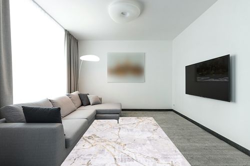 SAFAVIEH Amelia Collection Area Rug - 6' x 9', Grey & Gold, Modern Abstract Design, Non-Shedding & Easy Care, Ideal for High Traffic Areas in Living Room, Bedroom (ALA293G) in Modern Living Room with Grey Couch