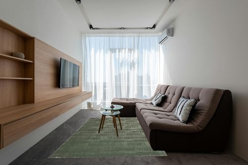 Revival Rugs Shell 6'7"x9' Machine Washable Area Rug for Living Room Bedroom - 100% Recycled Oeko-TEX Certified, Medium Pile, Green in Grey Living Room with Brown Couch